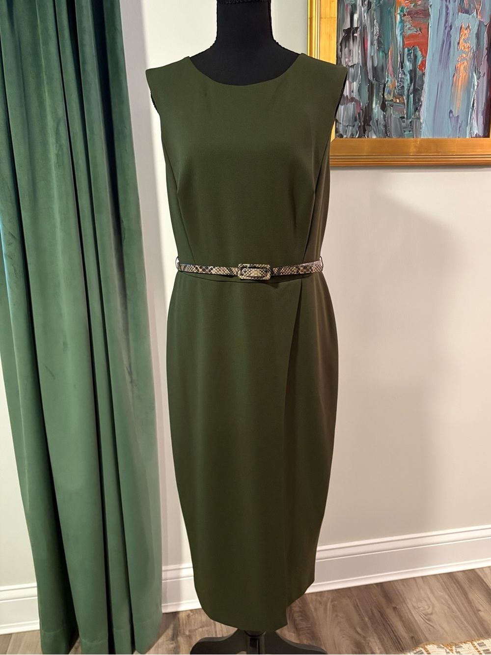 connected apparel Olive Green Sleeveless Sheath Dress with Belt